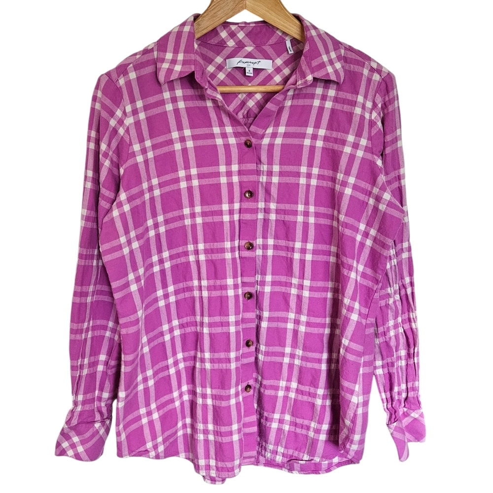 Foxcroft NYC purple white plaid relaxed fit button down shirt